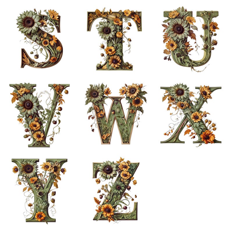 May include: Decorative alphabet letters S, T, U, V, W, X, Y, and Z, each adorned with sunflowers and foliage. The letters are in a green and brown color scheme, creating a natural, floral design.