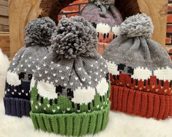 Sheep Turn Up Bobble Pom Hat Fully Lined Grey Green Blue Red Pink