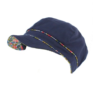 Ladies Summer Lightweight Fashion Cotton Cap Hat Navy Blue Floral Trim One Size