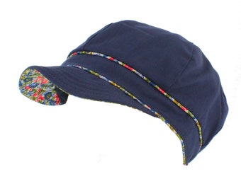 Ladies Summer Lightweight Fashion Cotton Cap Hat Navy Blue Floral Trim One Size