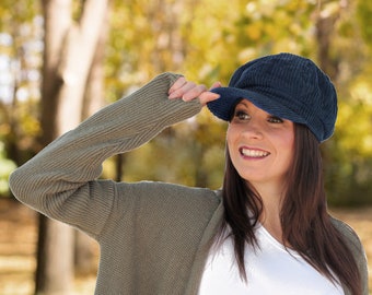 Womens Chunky Cord Bakerboy Newsboy Cap in Navy or Black Ladies One Size Lined