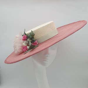 Pink boater hat, wide brim boater hat, summer hat, pink and white boater