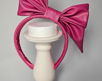 Hot Pink Faux Leather Bow Headband, Races Wedding Handmade