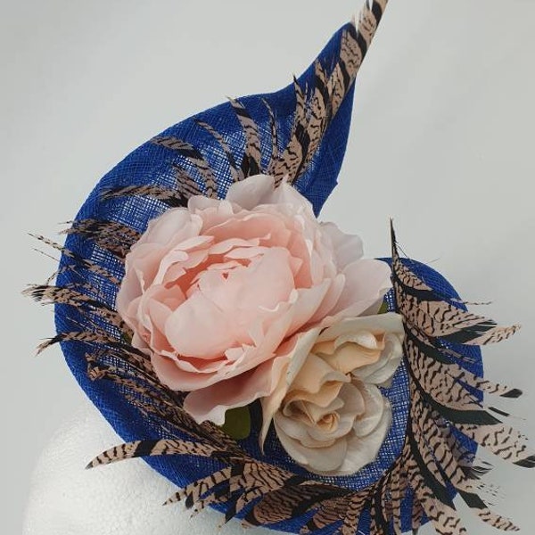 Large blue fascinator for Ascot, blue hat for the races, derby day hat bkue and pink hat, blue hatinator