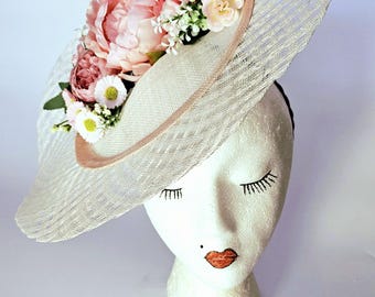 Ivory Cream Hat with Pink Flowers, Wedding Guest Races Hat