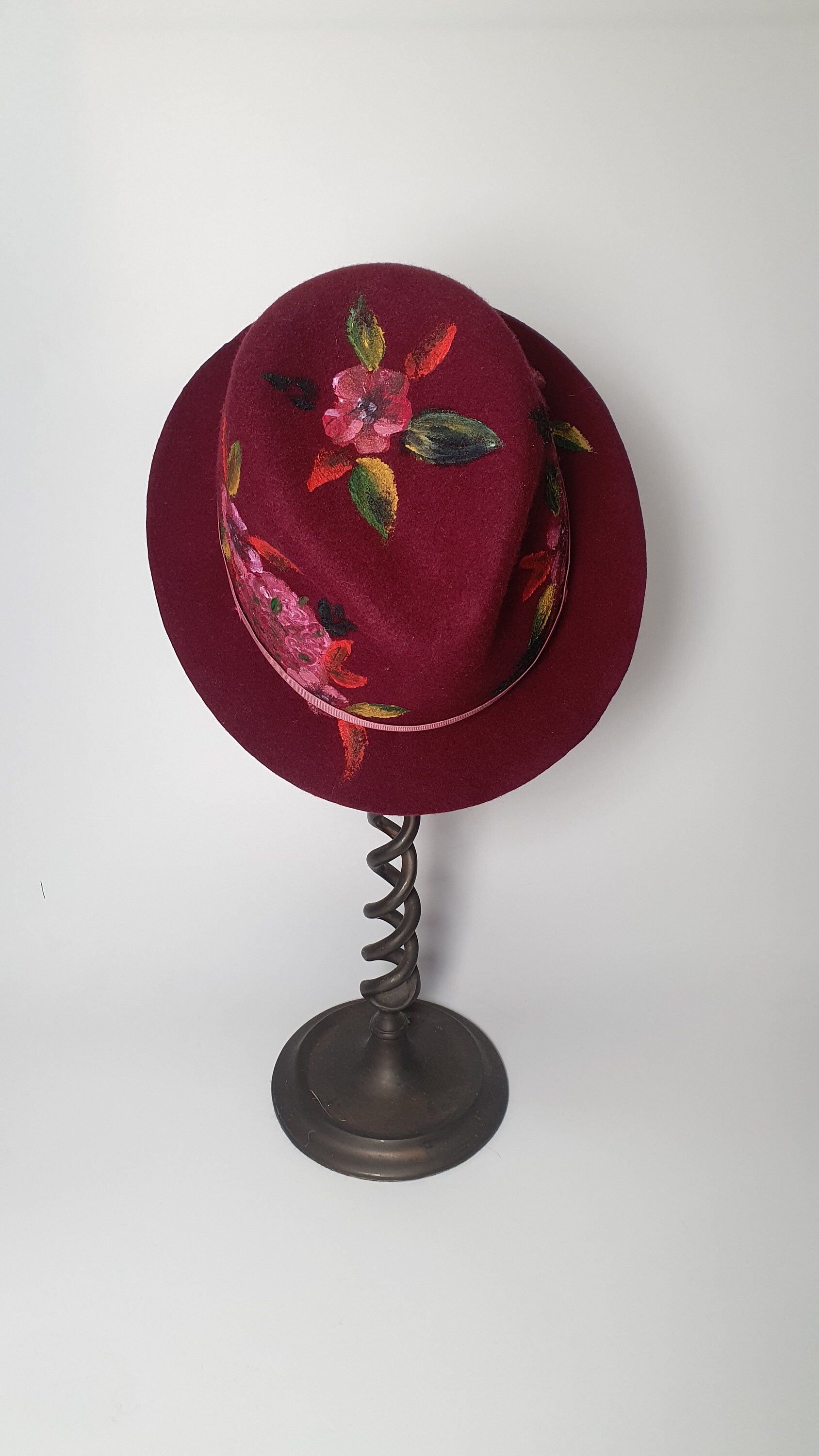 Burgundy Trilby Fedora Hat, Wine Felt Hat, Wool Winter Hat  display picture 3