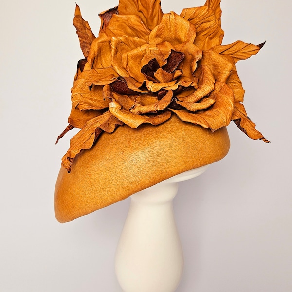 Hat for Cheltenham races, brown hat, mustard leather hat with flower