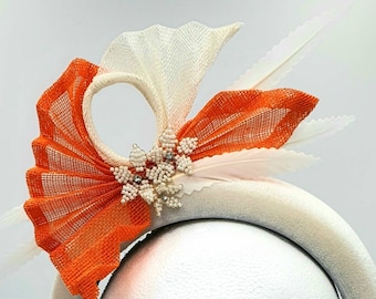 White Velvet Headband, Orange Sinamay Feather Headpiece