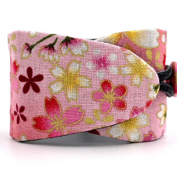 Bracelet OBI One manchette japonaise sakuras roses et dorées - tissu coton traditionnel - fait main