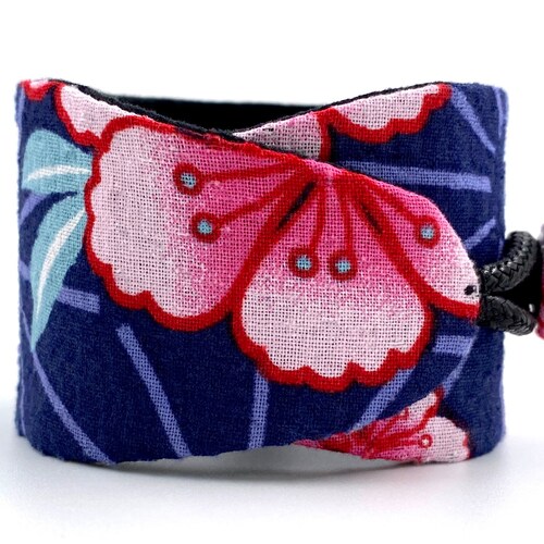 OBI One bracelet, Japanese asanoha okinawa cuff bracelet, blue - chirimen cotton fabric - handmade