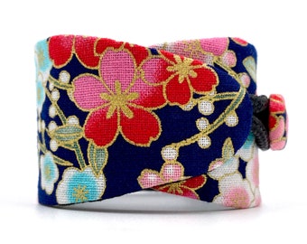 OBI One Japanese cuff bracelet sakuras blue background - traditional cotton fabric - handmade