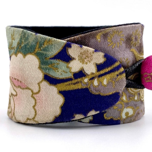 Bracelet OBI One manchette japonaise botan pivoine - tissu coton traditionnel - fait main