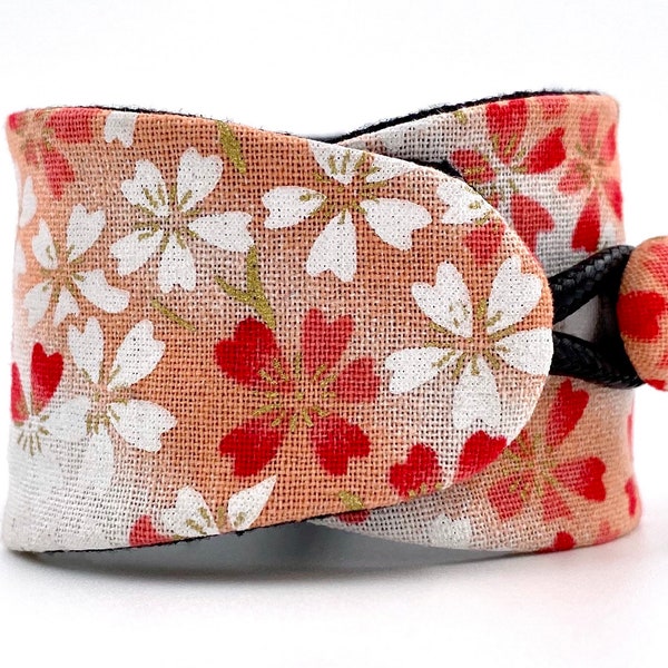 Bracelet OBI One manchette japonaise sakura rose - tissu coton traditionnel - fait main