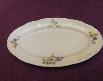 Vintage elipse porcelain plate, made in Bulgaria in 1960s, shallow plate with floral motifs, collection, gift, rare