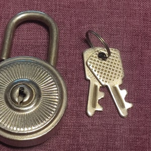Vintage silvery small padlock, old pressed metal lock with 2 key,collectible, decor, rare,1970s