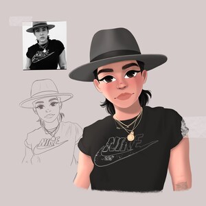 Op de afbeelding: Een digitale illustratie van een persoon die een zwart T-shirt draagt met een wit Nike-logo, een grijze fedora en gouden kettingen. De persoon heeft bruin haar en bruine ogen.