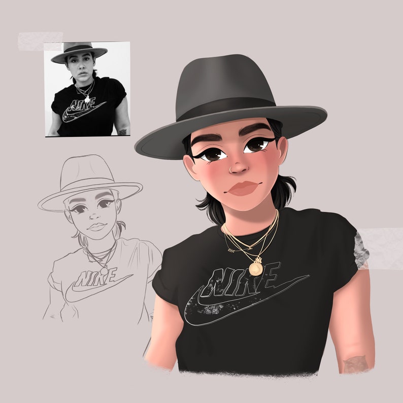 Op de afbeelding: Een digitale illustratie van een persoon die een zwart T-shirt draagt met een wit Nike-logo, een grijze fedora en gouden kettingen. De persoon heeft bruin haar en bruine ogen.
