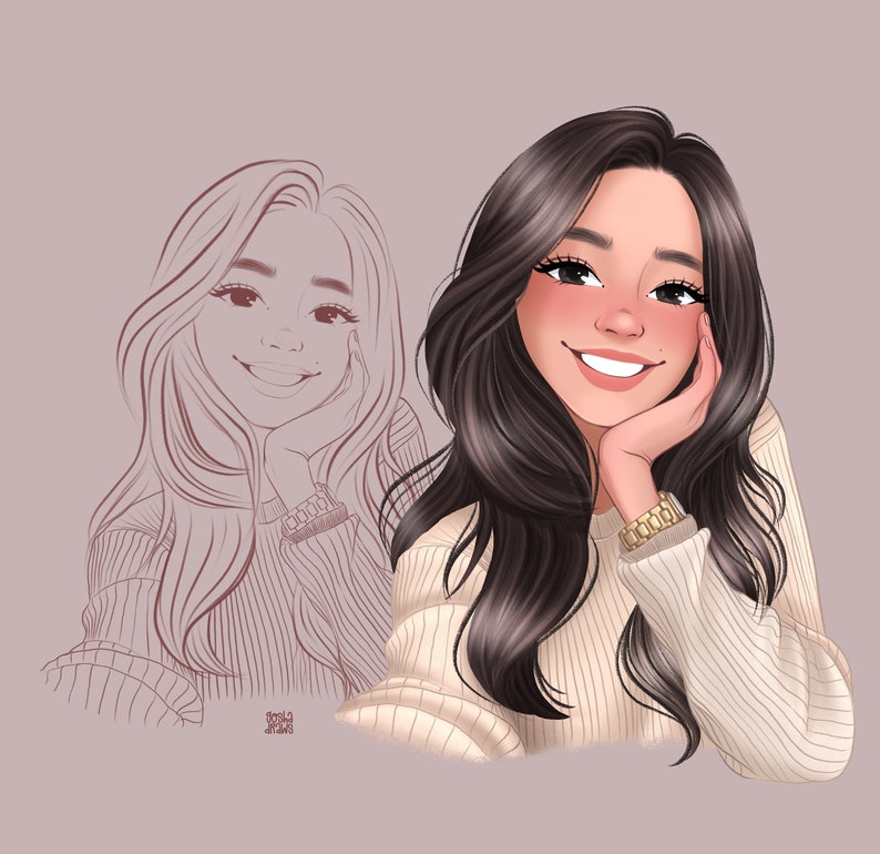 Op de afbeelding: Een digitale illustratie van een vrouw met lang donkerbruin haar, die een cr&egrave;mekleurige trui draagt. Ze glimlacht en heeft haar hand op haar wang.