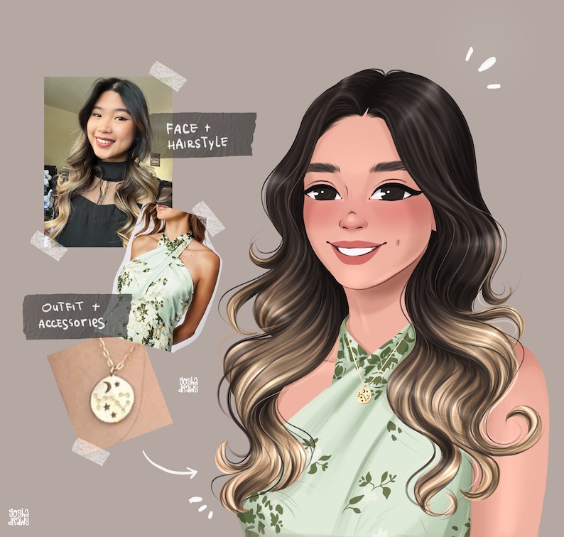 Op de afbeelding: Een digitale illustratie van een vrouw met lang bruin haar met blonde highlights, die een groene, bloemige haltertop draagt en een gouden ketting met een halve maan hanger. De tekst "Face + Hairstyle", "Outfit + Accessories" is in de afbeelding opgenomen.