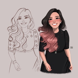 Op de afbeelding: Een digitale illustratie van een vrouw met lang roze en zwart haar, die een zwarte jurk met een kantpatroon draagt. De vrouw glimlacht en heeft een lichte huidskleur. De illustratie is in cartoon-stijl.