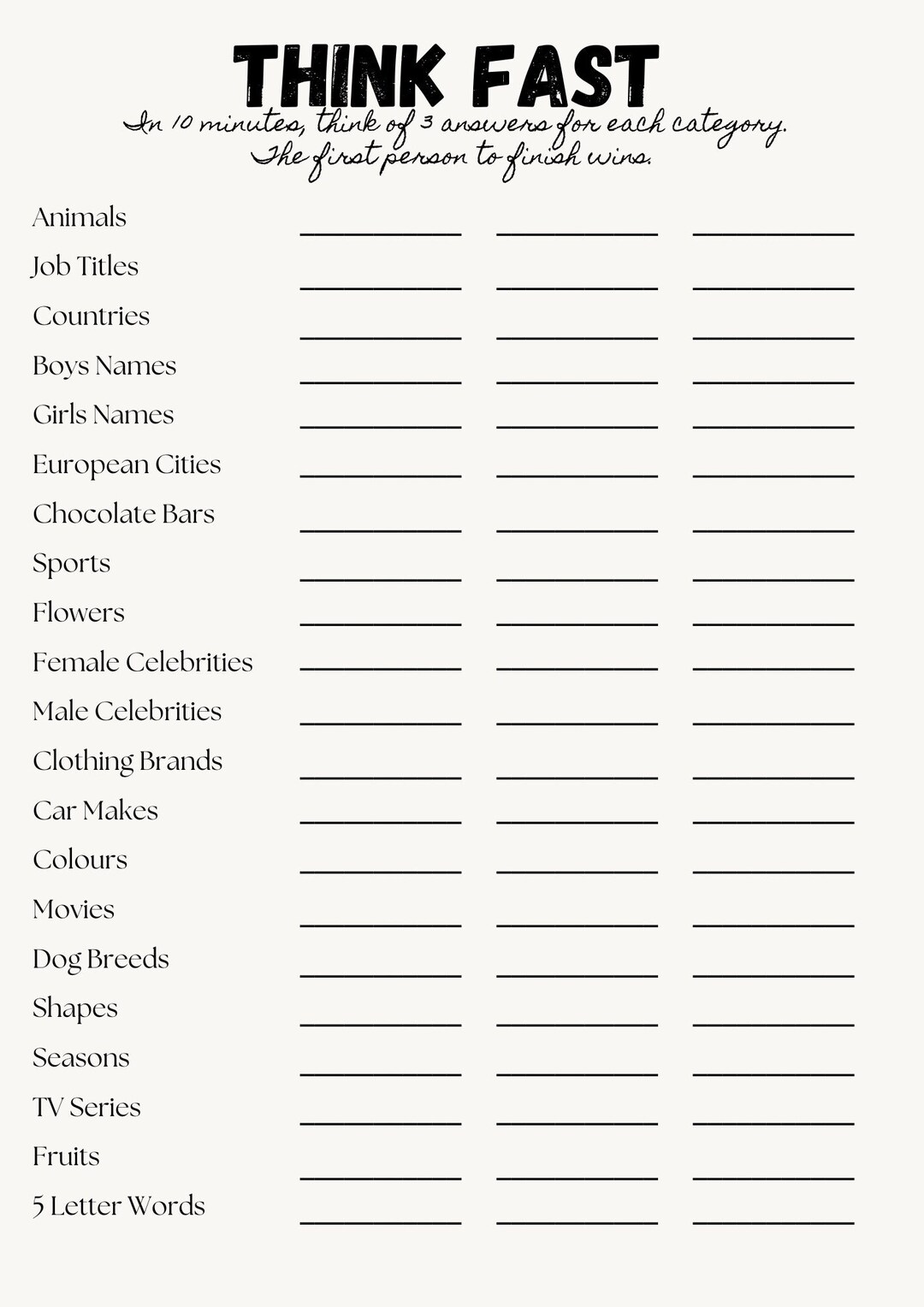 Think Fast Game Icebreaker Games Friends & Family Games Etsy