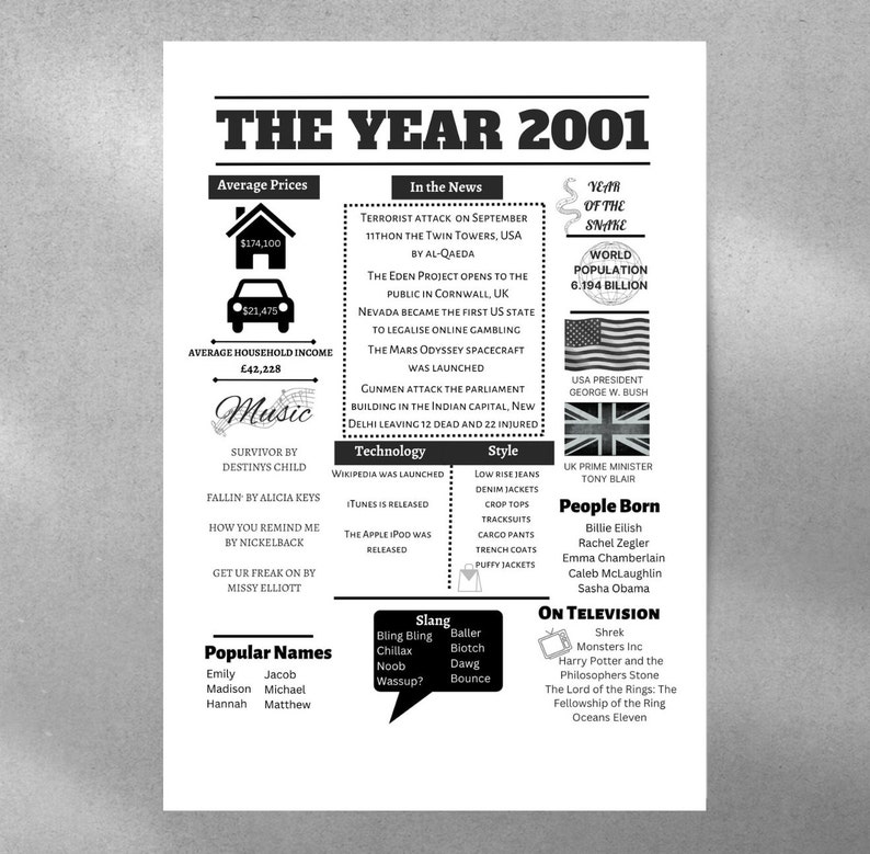 The Year 2001 2001 Birthday Sign Born In 2001 Trivia Fun Facts 2001 Birthday Gift image 2