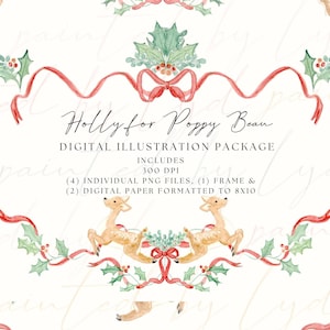 Holly for Poppy Beau - Digitale Aquarell Illustration Paket - Weihnachtskarten, Feiertagskarten, Party Einladung, Rentier
