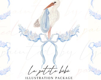 Digital Watercolor Illustration Package - La Petite Bebe - Baby Stork Blue Nursery Illustration Baby Shower