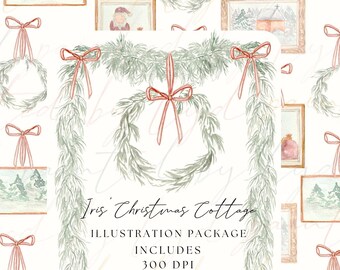 Iris' Christmas Cottage- Digital Watercolor Illustration Package - Perfect for Christmas Cards, Holiday Greeting Cards, Party Invitation