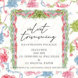 Adornos de terciopelo - Paquete de ilustraciones digitales en acuarela - Marco navideño, papel, ilustración de tarjeta navideña, cintas, lazos