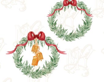 May include: Watercolor wreaths with green foliage, red bows, and gold bells. The image includes the text "Traditional GLAM" and "TW (2)) DESIGNED WREATHS PNG 300 DPI". The design is repeated on the left and right sides.