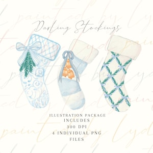 Darling Stockings Illustration Package,  Hand-painted, watercolor, PNG, download, digital, ribbon, girl, holiday, wedding, monogram