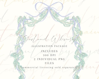 Garland Whimsy Illustration Package,  Hand-painted, watercolor, PNG, download, digital, ribbon, girl, holiday, wedding, monogram, Christmas