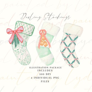 Paquete de ilustración de Darling Stockings, pintado a mano, acuarela, PNG, descarga, digital, cinta, niña, vacaciones, boda, monograma