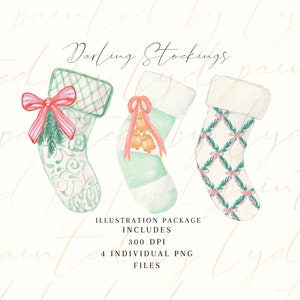 Darling Stockings Illustration Package,  Hand-painted, watercolor, PNG, download, digital, ribbon, girl, holiday, wedding, monogram