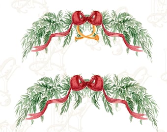 May include: Watercolor design featuring two swags of green foliage, red bows, and ribbons. The text "Traditional GLAM" and "TWO (2) DESIGNED SWAGS PNG" are displayed. The design is suitable for holiday or festive decor.