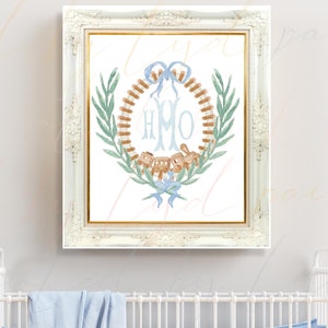 Little Caboose Monogram Crest Watercolor Wall Print (Optional Monogram)