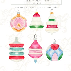 May include: Watercolor illustrations of six vintage Christmas ornaments in various shapes and colors. The ornaments include a bell, teardrop, and round shapes, with pink, red, green, and blue accents. The text "Merry & Bright" is at the top.