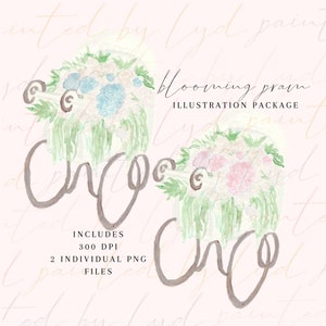 May include: Two watercolor illustrations of blooming flower bouquets in shades of pink, white, and blue. The bouquets are arranged in a circular shape and are surrounded by green leaves. The word "bloom" is written in cursive script above the bouquets. The text "blooming pram illustration package" is written below the bouquets. The text "includes 300 dpi 2 individual png files" is written below the bouquets.