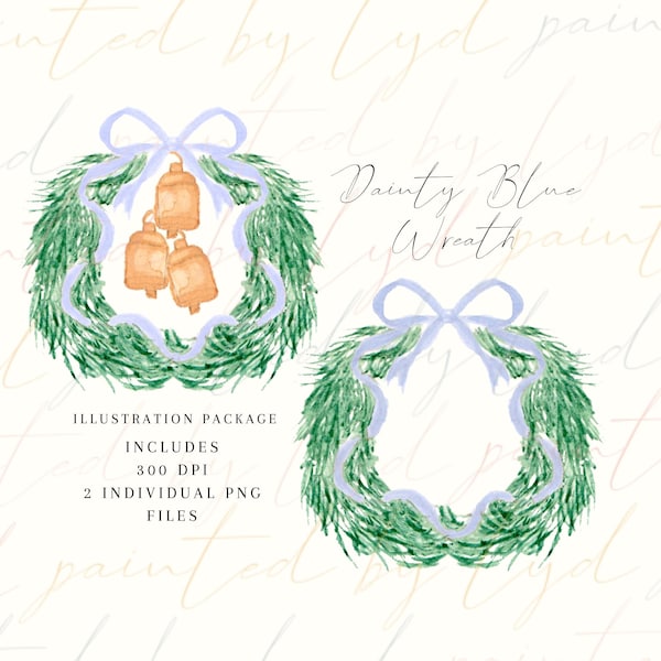 Evergreen Wreath, Blue, Christmas, greenery, Hand-painted, watercolor, PNG, download, digital, ribbon, holiday, girl, baby shower, nursery