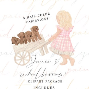 May include: A watercolor illustration of a girl pushing a wheelbarrow full of puppies. The girl has blonde hair and is wearing a pink and white gingham dress. The wheelbarrow is wooden and has a single wheel. The puppies are brown and white and are looking out of the wheelbarrow. The text "Janie's Wheelbarrow" is written in cursive below the image. The text "Clipart Package Includes 300 DPI (3) PNG Files" is written below the image. The text "*commercial licensing sold separately*" is written below the image.