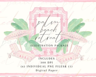Palm Beach Retreat - Digital Watercolor Illustration Package - Bachelorette, Beach Pool Party Invitation Illustration Frame and Paper