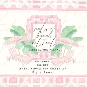 Palm Beach Retreat - digitaal aquarel illustratiepakket - vrijgezellenfeest, uitnodiging strandbadfeest, illustratielijst en papier