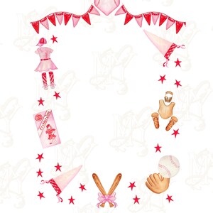 May include: A decorative frame composed of watercolor baseball-themed illustrations including red pennant banners, a baseball uniform, a bat, a ball, a glove, and red stars. The text reads No Crying In BASEBALL and INCLUDED IN FULL ILLUSTRATION PACKAGE.
