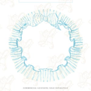 May include: A watercolor illustration of a light blue ruffle frame. The frame is circular with a delicate, textured design. The text "Velveteen Rabbit" and other text are at the top, with "Commercial Licensing Sold Separately" at the bottom.