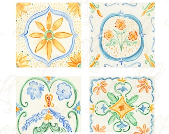 Tiles, Mediterranean Coast, Seamless Pattern, Amalfi, Citrus, Grecian, Watercolor Illustration Clipart Package