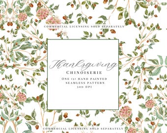 Könnte beinhalten: Ein nahtloses Muster im Chinoiserie-Stil. Das Muster zeigt Aquarellillustrationen von grünen Blättern, rosa Blüten und braunen Beeren auf weißem Hintergrund. Der Text "Thanksgiving Chinoiserie" wird in einem Quadrat angezeigt.