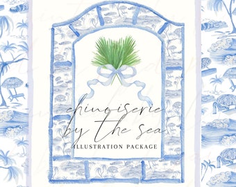 Chinoiserie By The Sea in Blue - Digital Watercolor Illustration Package - Wedding Invitation, Baby Shower, Bachelorette, Grand Millennial