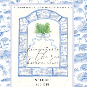 Chinoiserie By The Sea in Blue - Digital Watercolor Illustration Package - Wedding Invitation, Baby Shower, Bachelorette, Grand Millennial