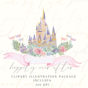 Castle birthday, Hand-painted, watercolor, PNG, download, digital, ribbon, birthday, girl, baby shower, nursery, princess, monogram, magic